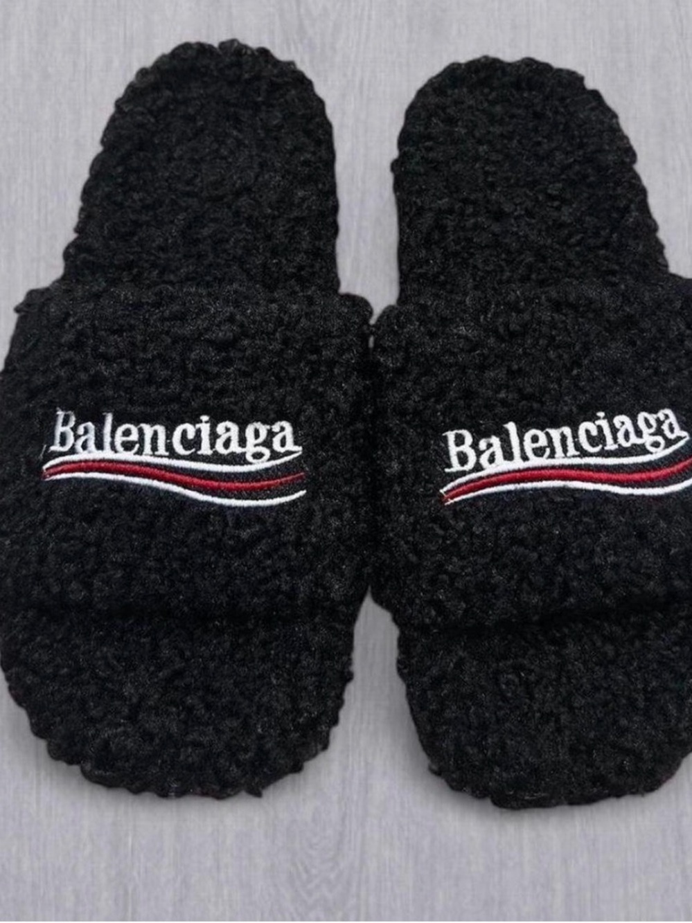 Balenciaga Black Bouclé Logo Slide Sandals with Red & White Stripe
